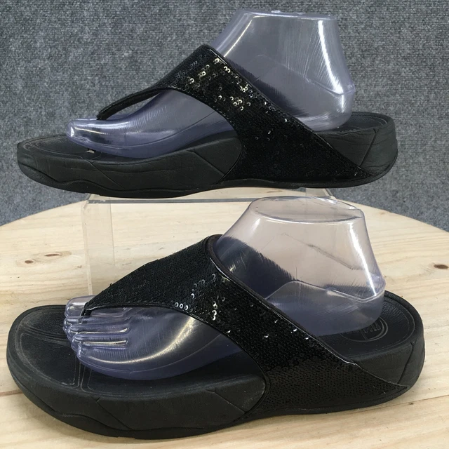 FitFlop Sandals Womens 10 Electra Sequin Casual Slip On Thong 034001 Black Wedge 2
