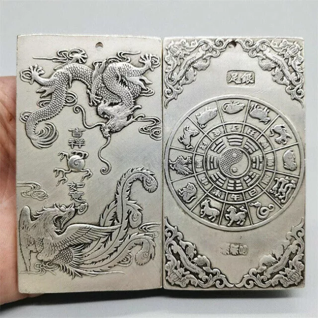 Old China tibet Silver Dragon Phoenix Auspicious Bullion amulet Pendant