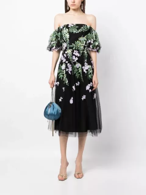 Marchesa Notte  Floral-Embroidered Off The Shoulder Midi Dress Size:8  $895 NWT