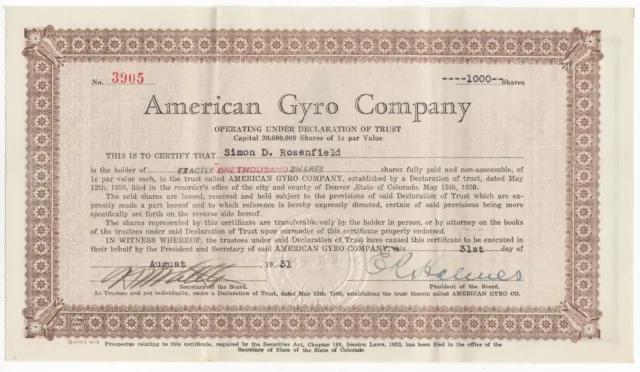 1931 AMERICAN GYRO COMPANY Trust Stock Certificate Denver, Colorado