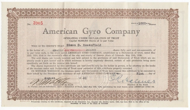1931 AMERICAN GYRO COMPANY Trust Stock Certificate Denver, Colorado
