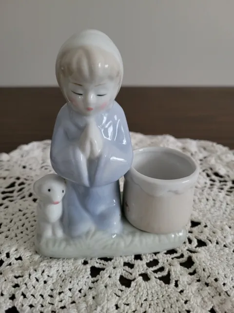 Vintage Kneeling girl in Prayer with Lamb Figurine Candle Holder