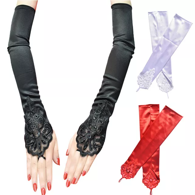 Long Satin Sexy Lace Embroidery Hook Finger Gloves Retro Party Dance Mitten 48 `