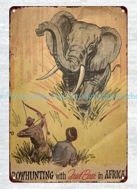 1960s Fred Bear Archery Comic Bowhunting in Africa metal tin sign ship wall art
