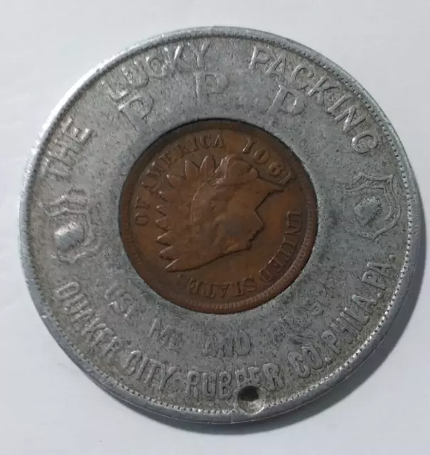Quaker City Rubber Co Phila, Pa Encased Good Luck Indian Head 1901 Penny (BZ361)