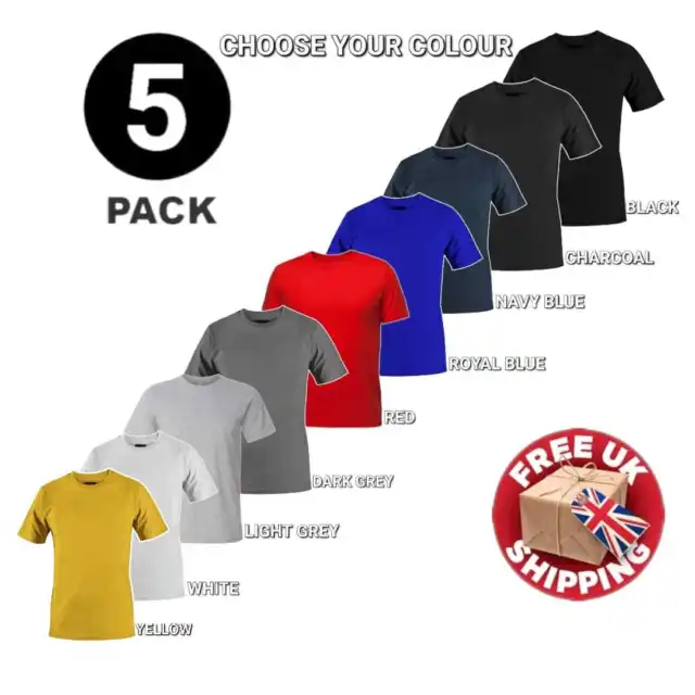 Multi Pack Mens Plain T-Shirt 100% Cotton Solid Colour Short Sleeve Blank Basic
