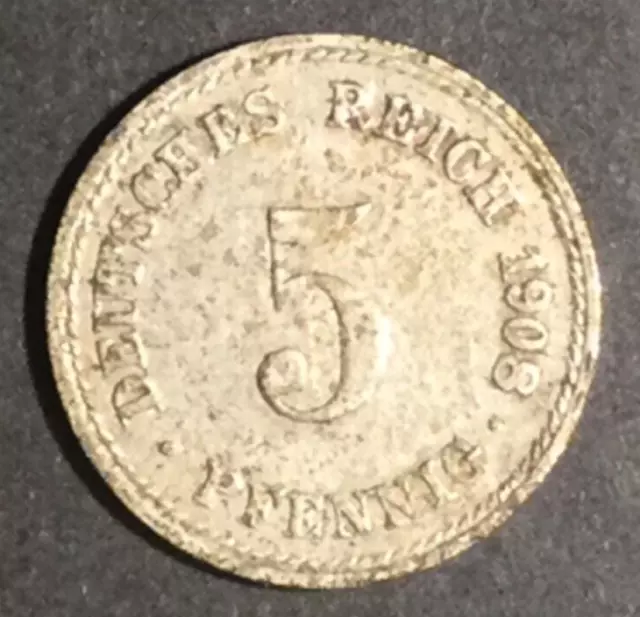 Münze Deutsches Reich 5 Pfennig 1908, Prägestätte A, Cu-Ni