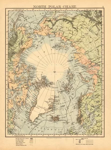 NORTH POLAR CHART. Shows explorers' routes. Perry 1827. JOHNSTON 1897 old map