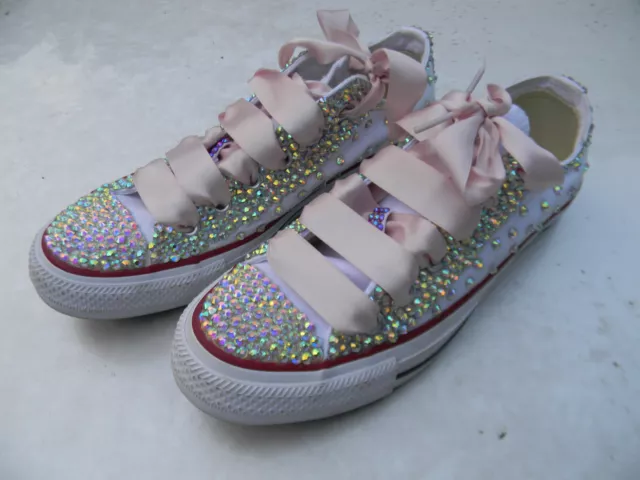 CONVERSE ALL STAR WHITE CUSTOMIZED using SWAROVSKI CRYSTALS Wedding Shoes  sz 7