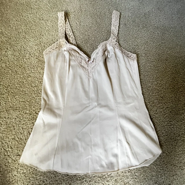 OLGA Vintage Cami Camisole Petite Lace Trim Nylon Floral Top Lingerie 925 Beige