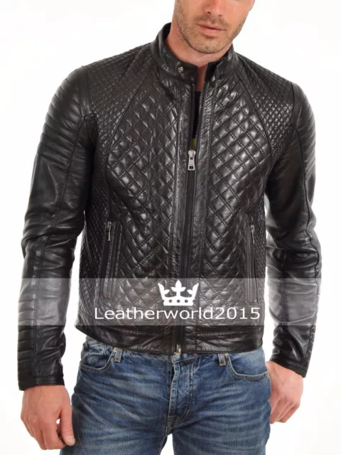Men's Real Leather Black Quilted Slim Fit Biker Lambskin Jacket Casual Outwear