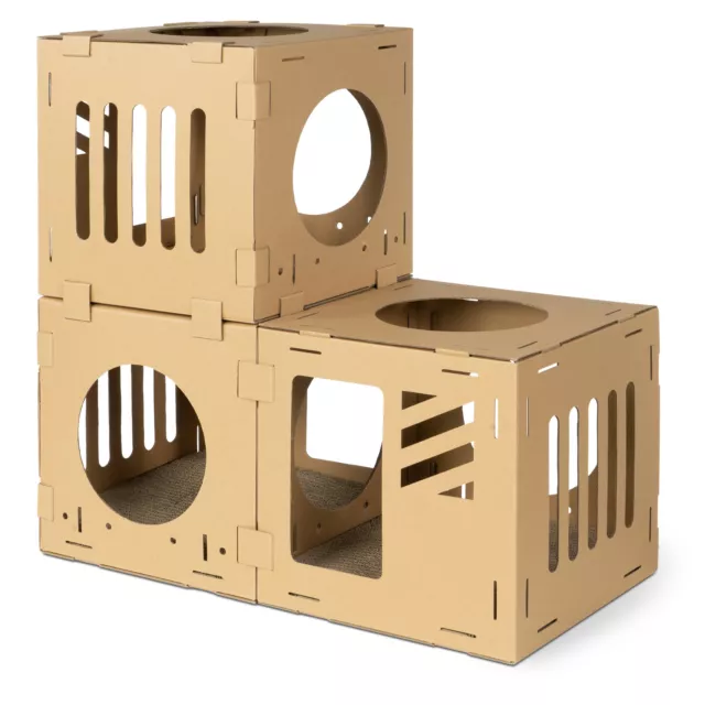 Casa de cartón para gatos DIY de cartón con túneles y 2x rascador para gato