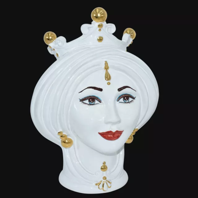 Testa di moro donna in Ceramica di Caltagirone vaso bianca e oro fatta a mano
