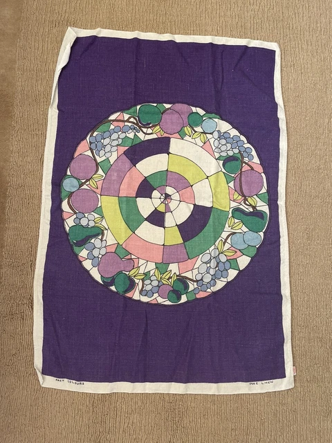 Vintage MCM Linen Tea Towel Vivid Purple Stained Glass Design Poland