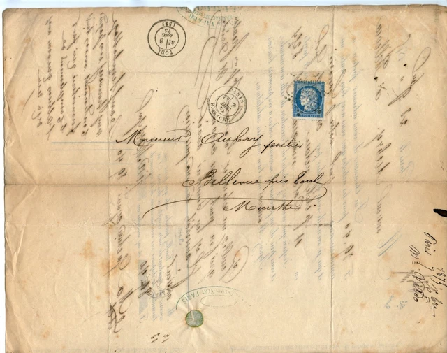 LETTRE ANCIENNE AVEC Courrier / Paris Pour Bellevue Pres De Toul 1875