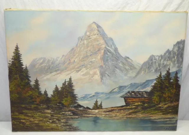 ORIGINAL MATTERHORN MOUNTAIN Lake Scene Oil on Canvas Painting Signed L ...