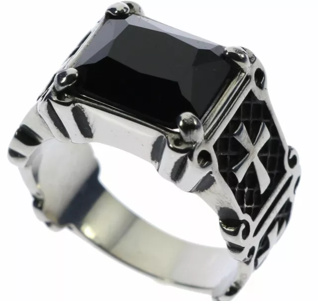 Knights Templar Cross 6 carat Black Onyx Stainless Steel Men's Ring Size 12 T38