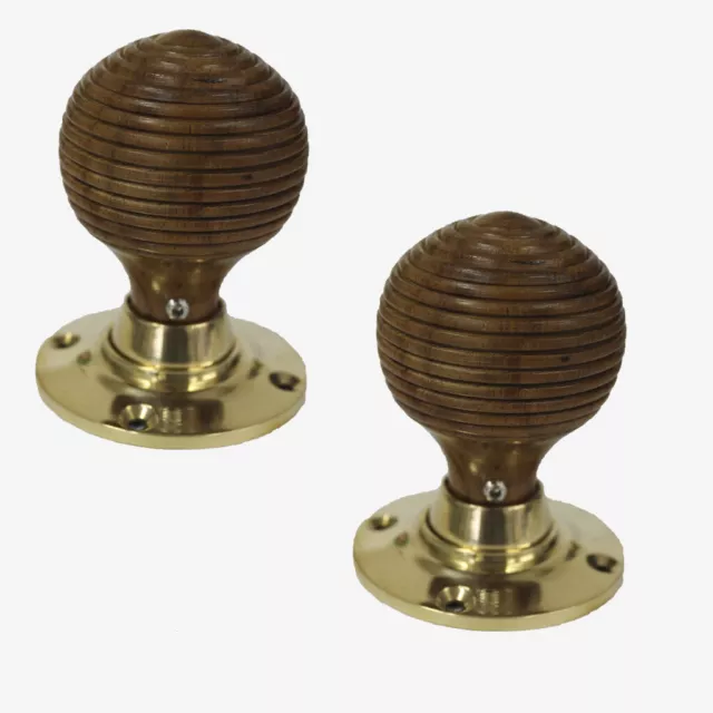 Brown Wooden Polished Brass Beehive Mortice Door Knobs (Pair)