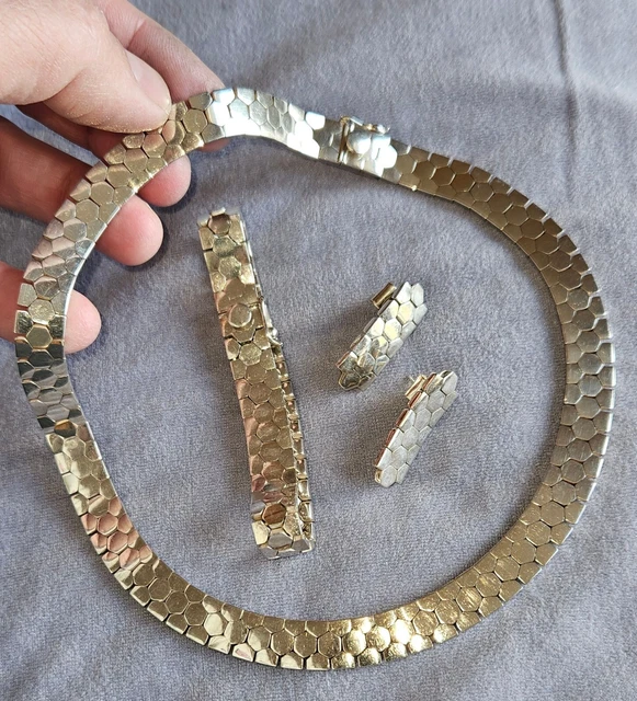 Parure De Bijoux Vintage Argent Massif 925 Années 70 - Collier, Bracelet, Boucles D'oreilles