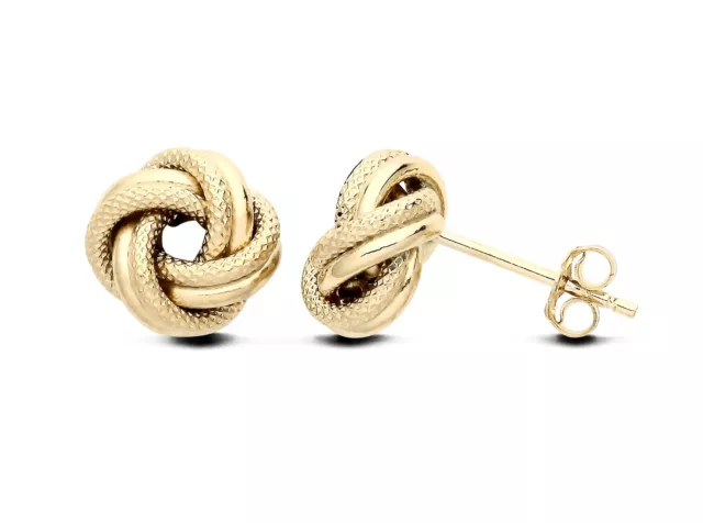 9ct Yellow Gold Large Knot Stud Earrings Diamond Cut Finish - 10mm Earring face