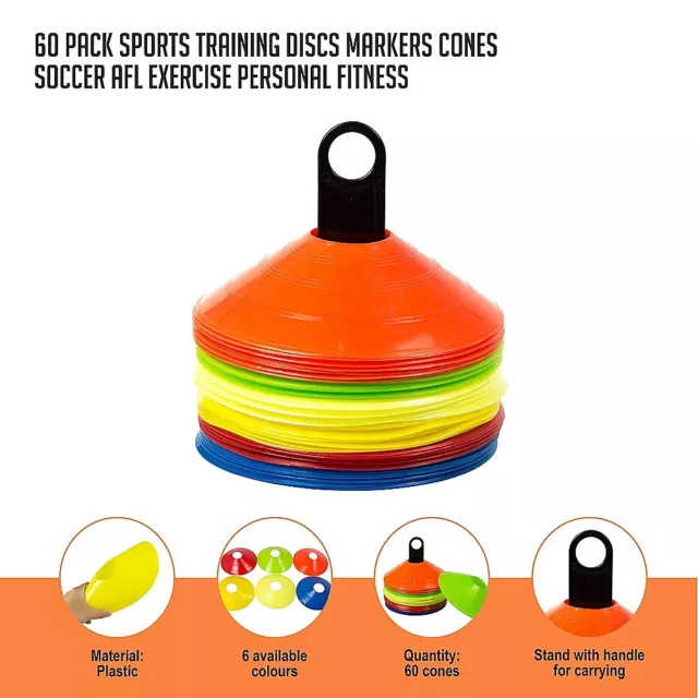 60 Pack Sports Training Discs Markers Cones Soccer AFL Exercise Personal Fitness 2