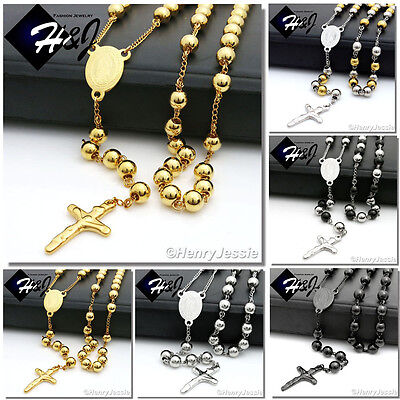 Stainless Steel 6/8mm Silver/Black/Gold Plated Bead Virgin Mary Rosary Necklace