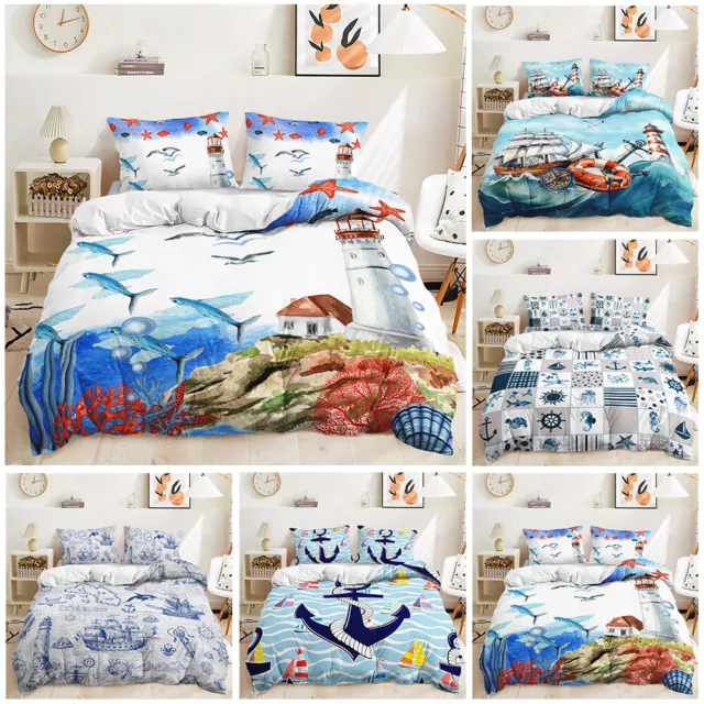 Blue Ocean Navigation Fishes Anchor Beacon Sailboat Doona Duvet Quilt Cover Set