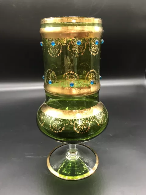 Vtg Czech Bohemian Green Glass Pedestal Compote Vase Jeweled Gold Gilt Christmas