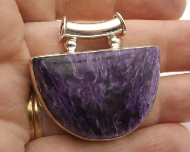 PENDANT large sterling silver semi circular with purple agate or charoite stone