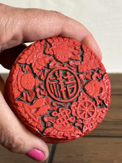 Chinese Carved Cinnabar Or Resin Lacquer Round Scholar's Box Precious Objects