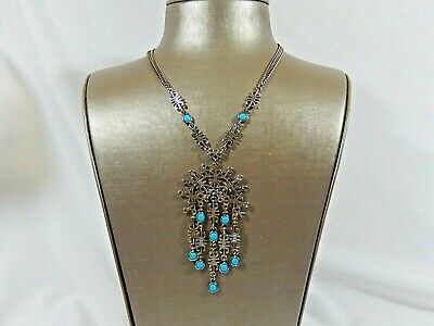 Vtg Tribal Style Necklace Silver Tone Faux Turquoise Dangles Bib Necklace