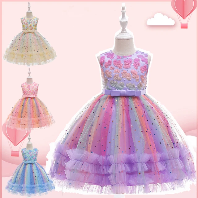 Flower Girl Princess Rainbow Star Pageant Tutu Dress Kid Birthday Party Wedding
