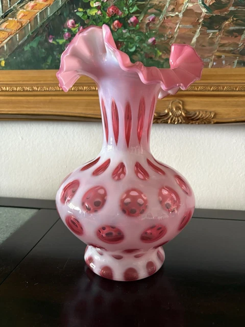 FENTON CRANBERRY COIN Dot Footed Ivy Ball Vase w/ Milk Glass