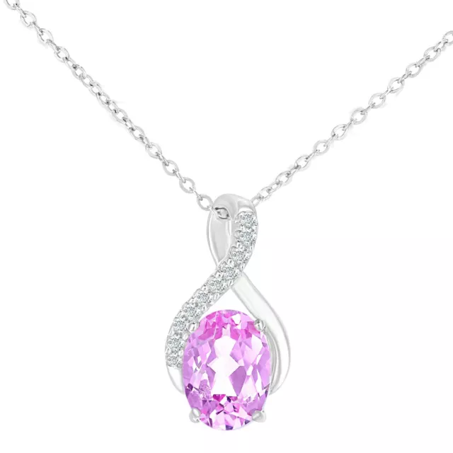 9ct White Gold Created Pink Sapphire and Diamond Pendant Necklace by Naava