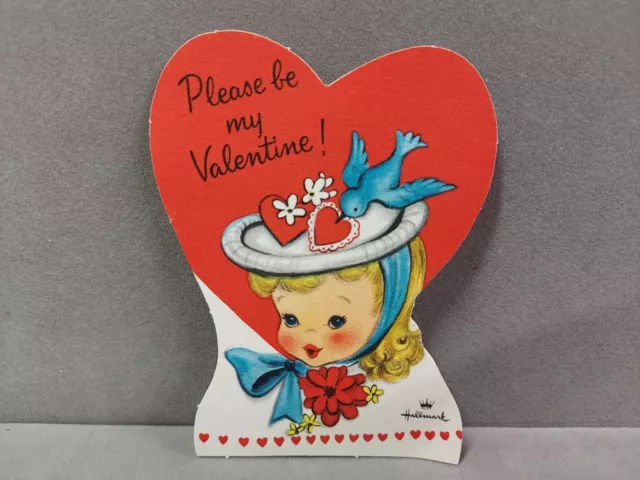 Vintage Die Cut Valentines Day Card 1950s Girl With Blue Bird Used Hallmark Card