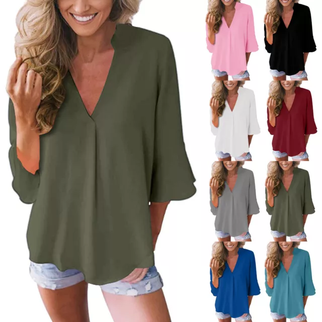 Womens Plain 3/4 Sleeve Ladies Basic Blouse Shirt Tee Casual Chiffon Loose Tops