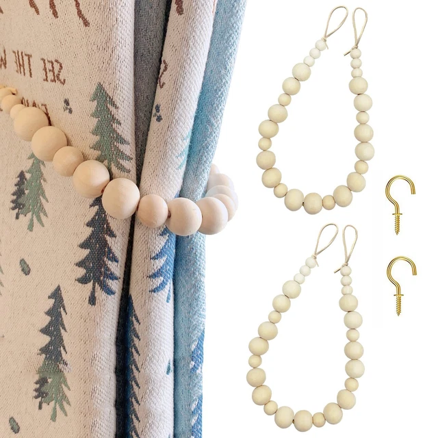 Set of 2 Wood Bead Curtain Tieback, Boho Curtain Holdbacks, Farmhouse Decorat