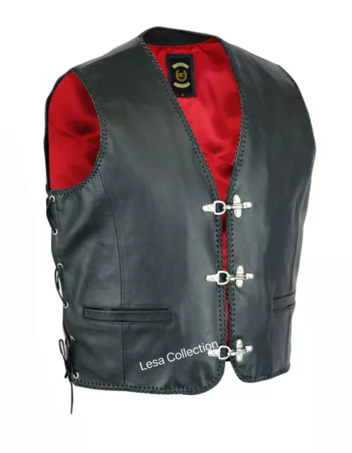 Mens Real Leather Waistcoat Biker Vest Braided Fish Hook Buckle Side Laces