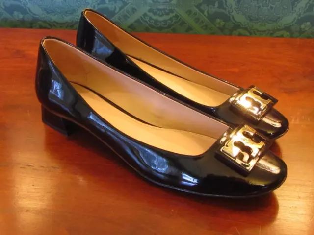 EXC Tory Burch GIGI Logo Black Patent Leather 1" Heel Pump Shoe 8.5 M