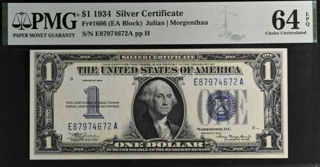 1934 $1 Silver Certificate PMG 64EPQ popular wanted EA Block Fr 1606