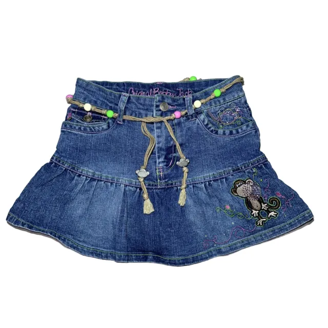 Vintage Bobby Jack Monkey Denim Embroidered  Skirt Y2K Beaded Belt Size 8 Girls