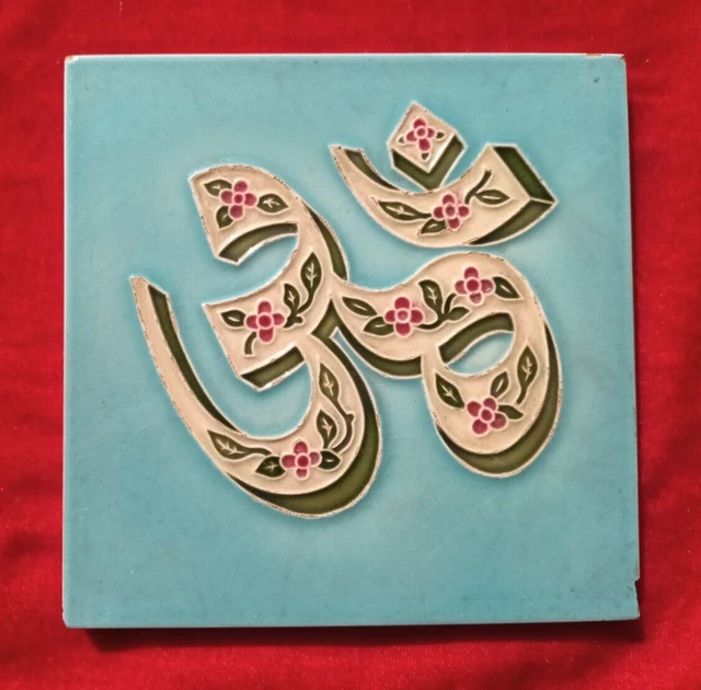 1 Piece Art Deco Om Design Used Embossed Majolica Ceramic Tiles Japan 0293