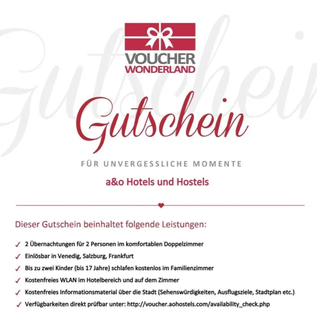 a&o Hotelgutschein Frankfurt, Salzburg, Venedig für 2 Nächte, 2 Personen+2Kinder