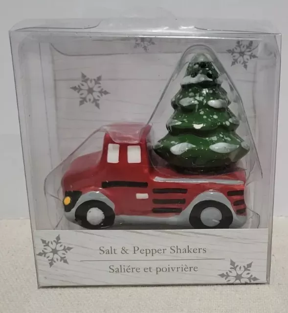 Pier 1 Imports Ceramic Red Truck w/ Christmas Tree Salt & Pepper Set - NEW