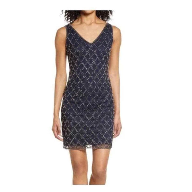 Pisarro Nights Womens Sheath Dress Blue Lined V Neck Sleeveless Beads Sexy 8 New