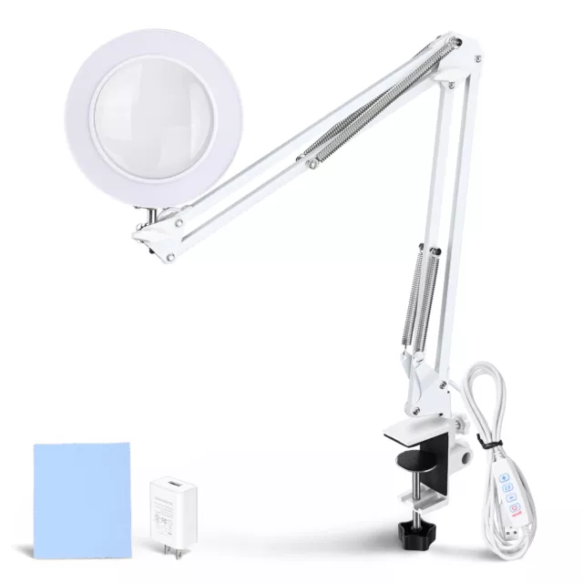 5X LED Magnifying Lamp Glass with Clamp Desk Adjustable Metal Swing Arm Sewing