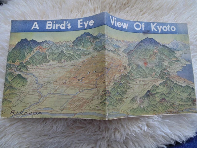 Vtg 40s TOURIST PICTORIAL MAP JAPAN KYOTO Colorful Ads Uchida Cover Fold out VGC