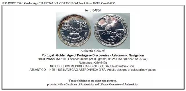 1990 Portugal Edad de Oro navegación celestial prueba antigua moneda de plata 100ES i84830 3