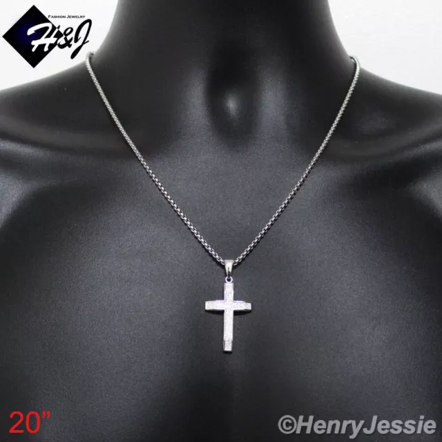 Men 925 Sterling Silver Icy Cz 3D Cross Pendant*Sp5 With Free 20"Box Link Chain