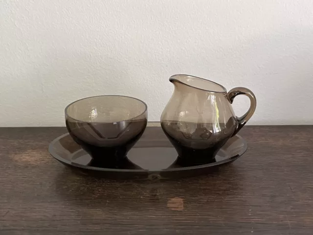 SF Zwiesel Rauchglas 3tlg Sahneservice Zucker  Heinrich Löffelhardt MidCentury